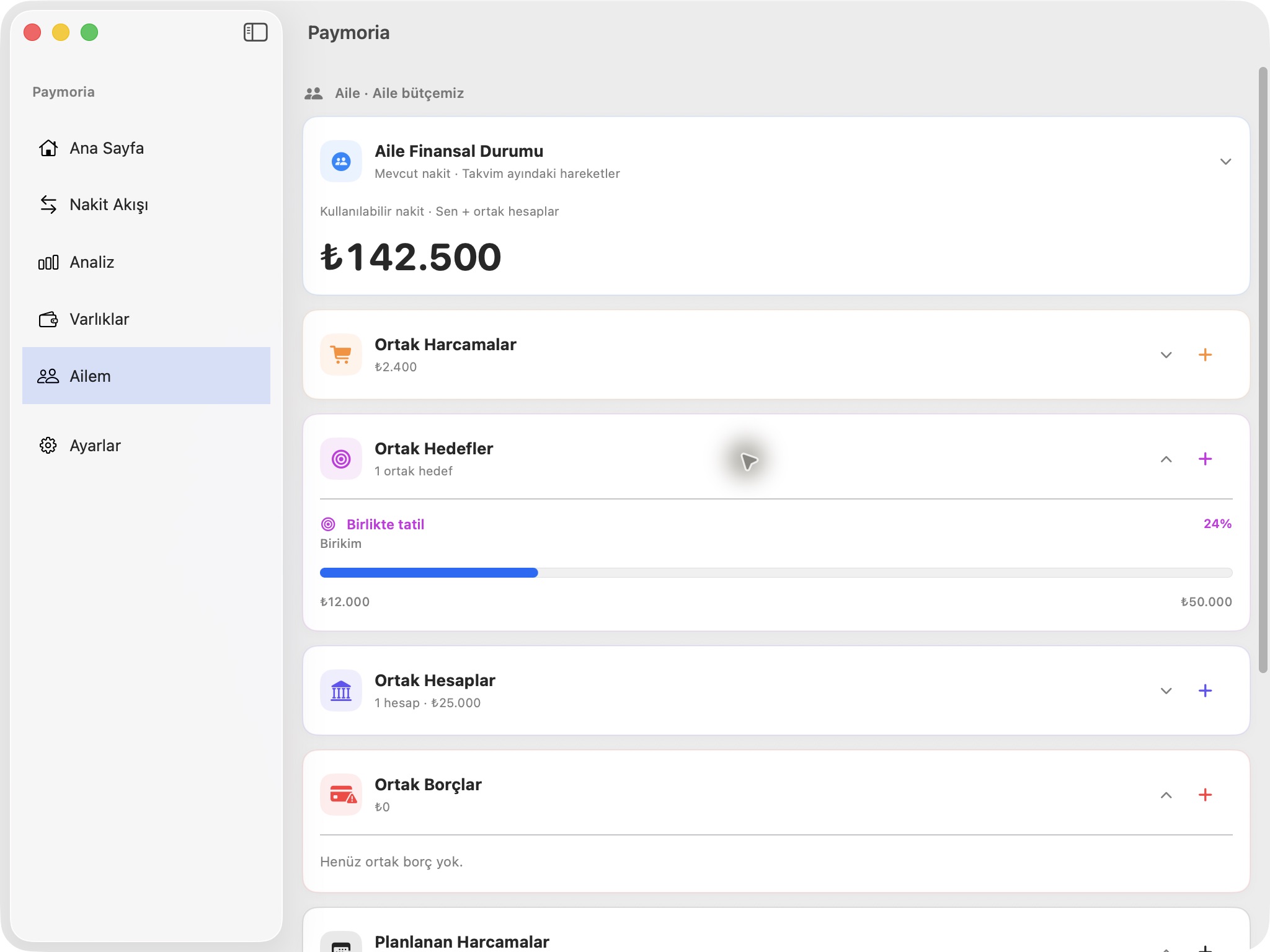 Örnek kayıtlarla Paymoria Mac aile ekranı